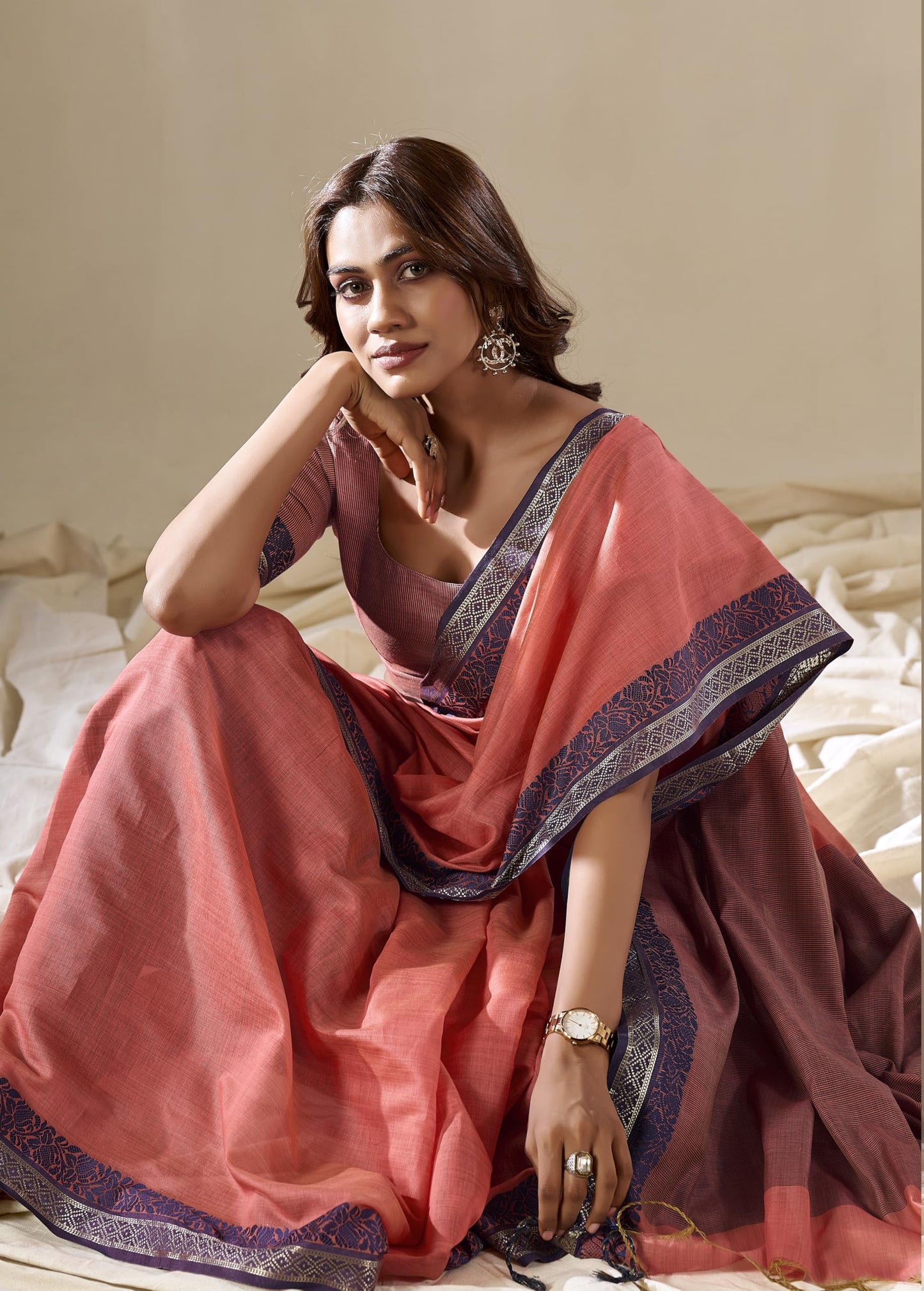 Pujia Mills WomenS Handloom Cotton Saree With Contrast Weaving Border Indian Ethnic Wear Saree Office Wear Cotton Saree With Un