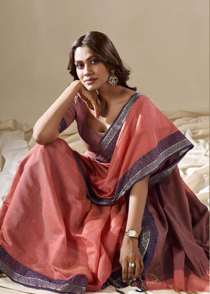 Pujia Mills WomenS Handloom Cotton Saree With Contrast Weaving Border Indian Ethnic Wear Saree Office Wear Cotton Saree With Un
