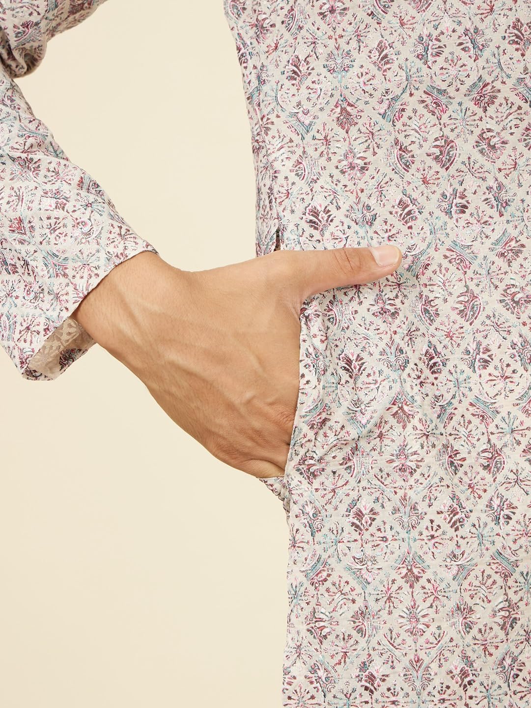 Manyavar Beige Blended Cotton Digital Printed Kurta Pyjama Set For Men