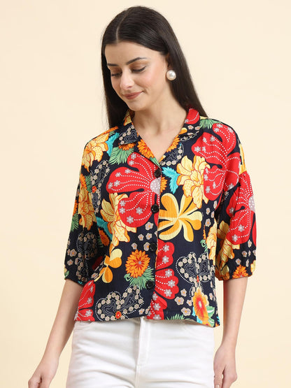 Vairagee Women Cotton Blend Black Striped Pattern V-Collar Three Quarter Sleeves Stylish Boxy Shirt (1730_7)