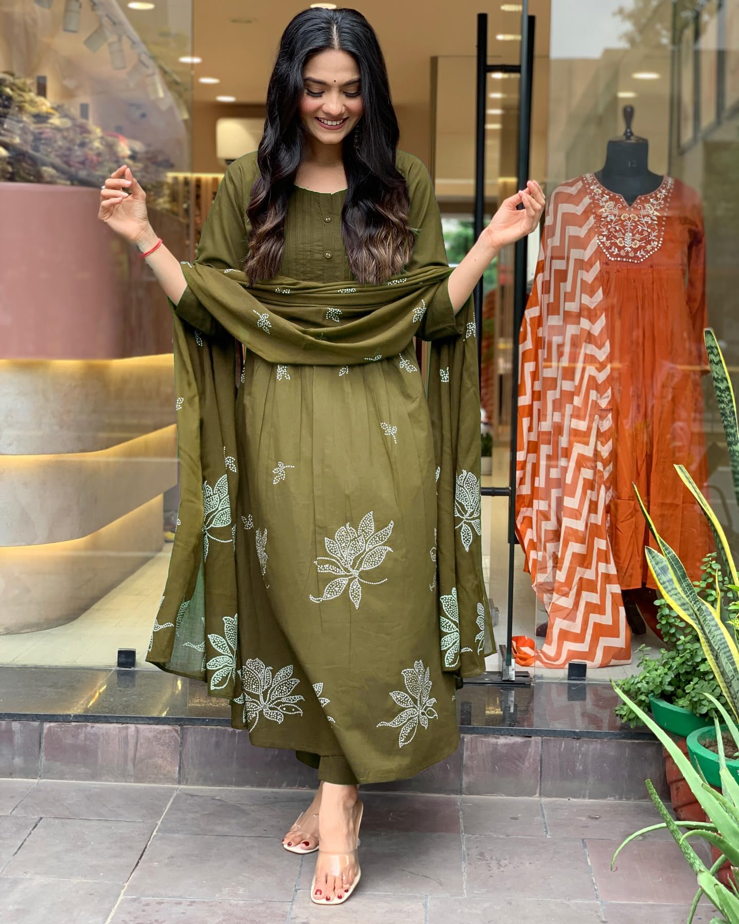 GoSriKi Women's Anarkali Kurta Set with Pant & Dupatta, Medium, Mehandi, Model Gangori Wine-GS
