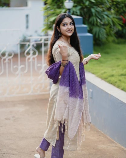 GoSriKi Women's Rayon Blend Straight Kurta with Pant & Dupatta, Small, Beige, Model GOJALA BEIGE-GS