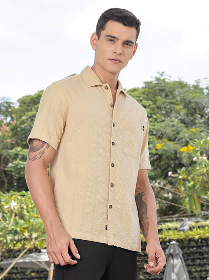 Thomas Scott Mens | Stripes | Seer Sucker Fabric | Spread Collar | Half Sleeve | Casual | Shirts for Men Beige