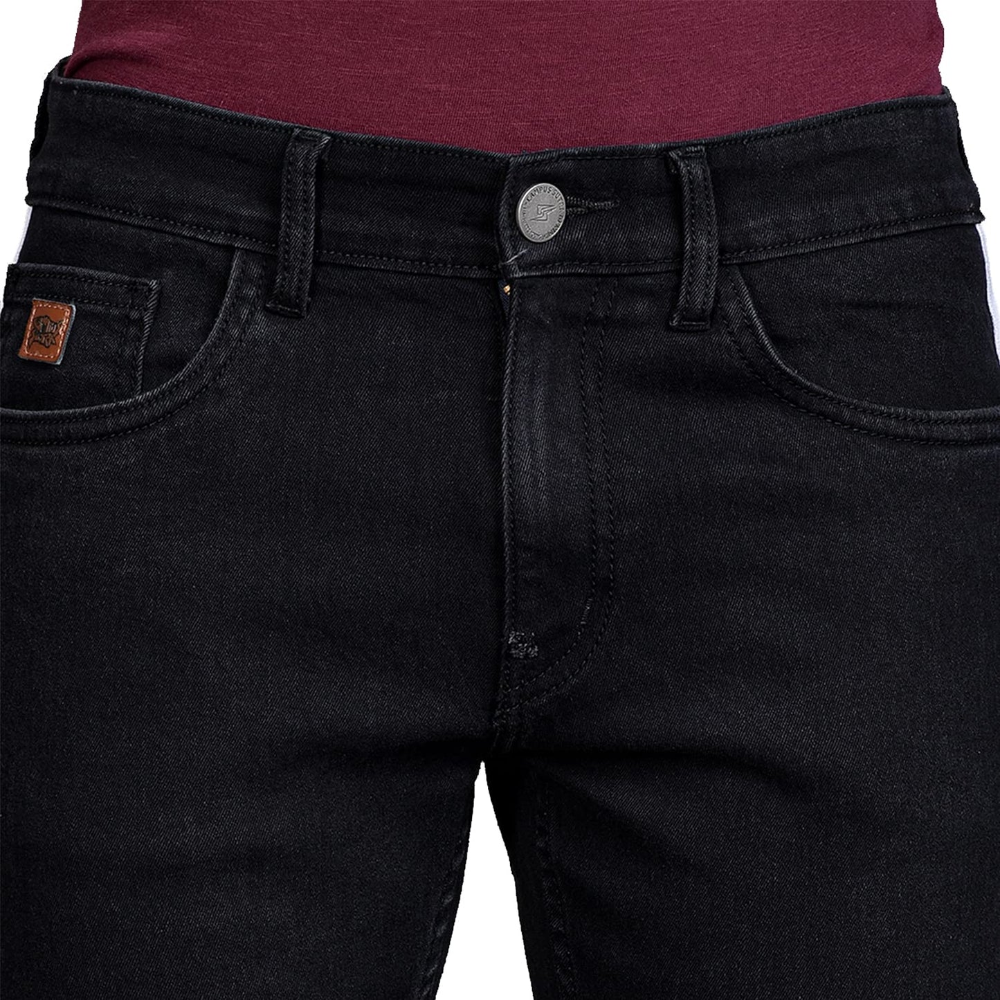 Campus Sutra Mens Black Tapered Side Striped Denim Jeans | Stretchable Cotton Mid-Rise Denim Jeans Crafted with Comfort Fit and