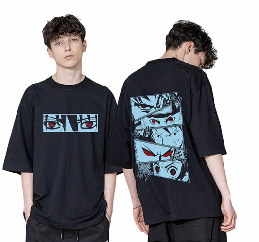 Cotton Four Anime Story Back Printed 3/4 Sleeve Black Oversized T Shirt For Men