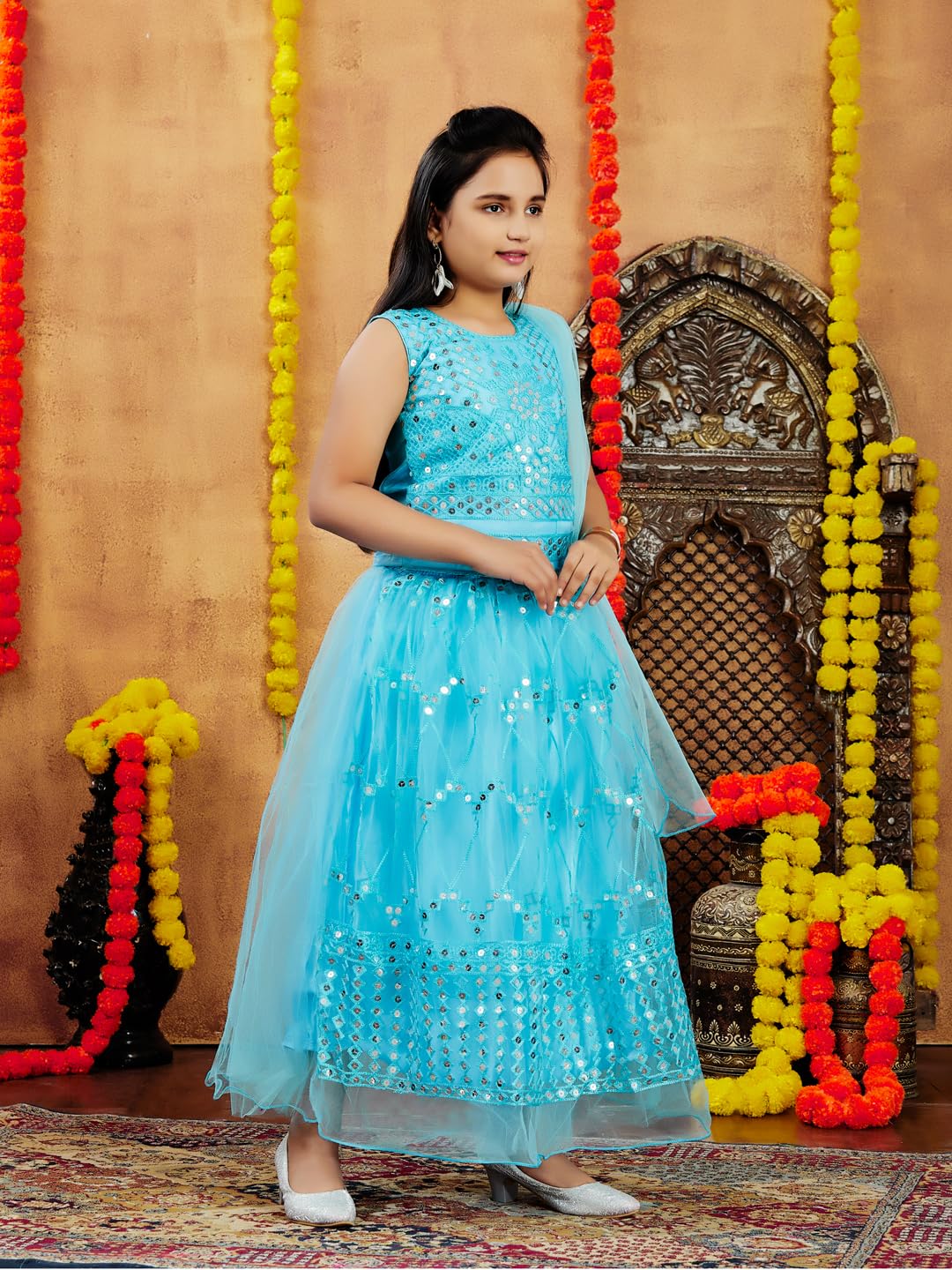 Aarika Girls Ethnic Wear Turquoise Colour Sequin Thread Embroidery Net Lehenga Choli Set (4-10 Years)