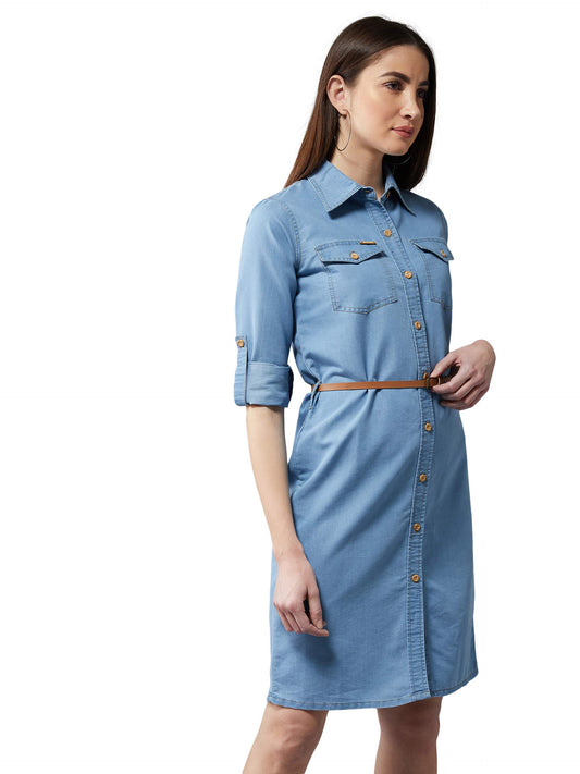 Dolce Crudo Women'S Blue Polo Neck Denim Solid A-Line Mini Dress(Doaw18Den04-22-115)