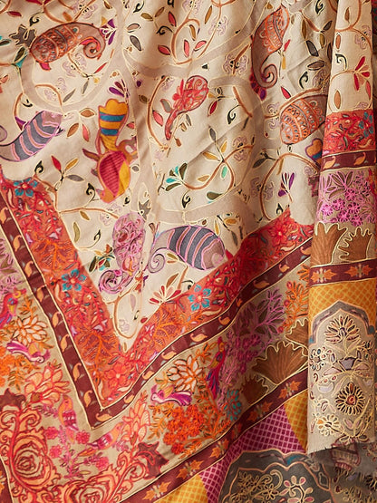 Pashmoda Women Bahaar Fine Wool Fabric Pashmina Kalamkari Embroidered Shawl, Stole and Wrap, Sustainable and Natural Fabric, Her