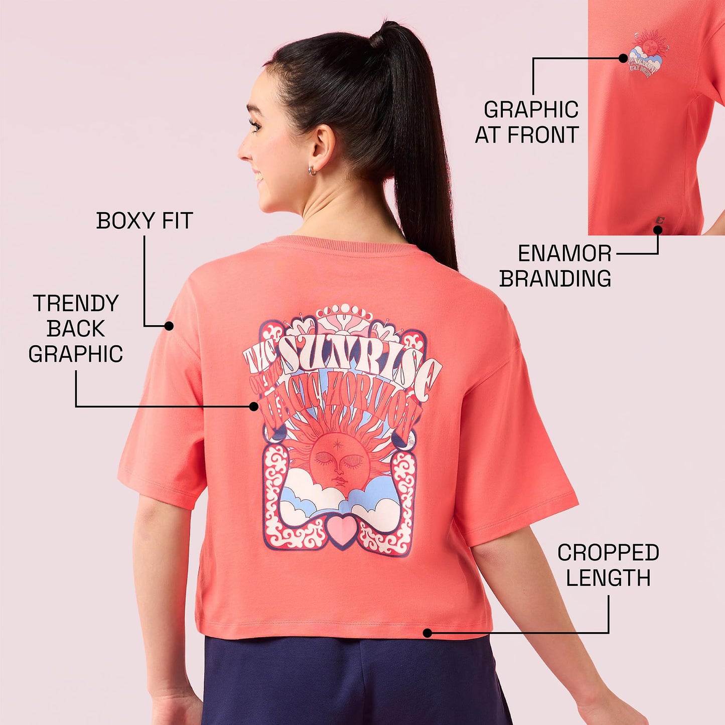 Enamor Womens Graphic Oversized Fit T-Shirt (E3G5_Coralpink Sunrise