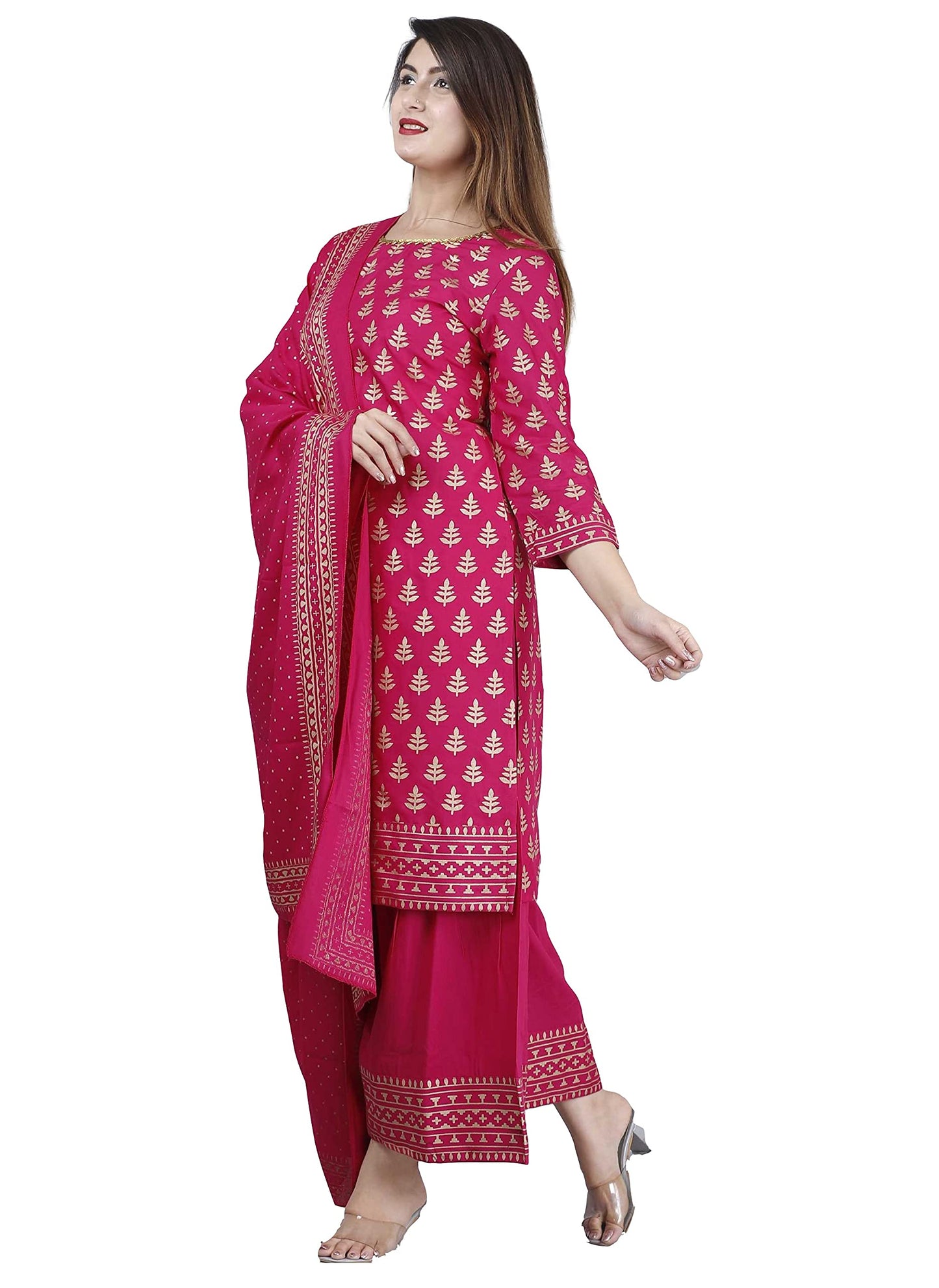 ANNI DESIGNER Women's Rayon Foil Printed Straight Kurta with Palazzos & Dupatta (AMISHA RED_Pink)