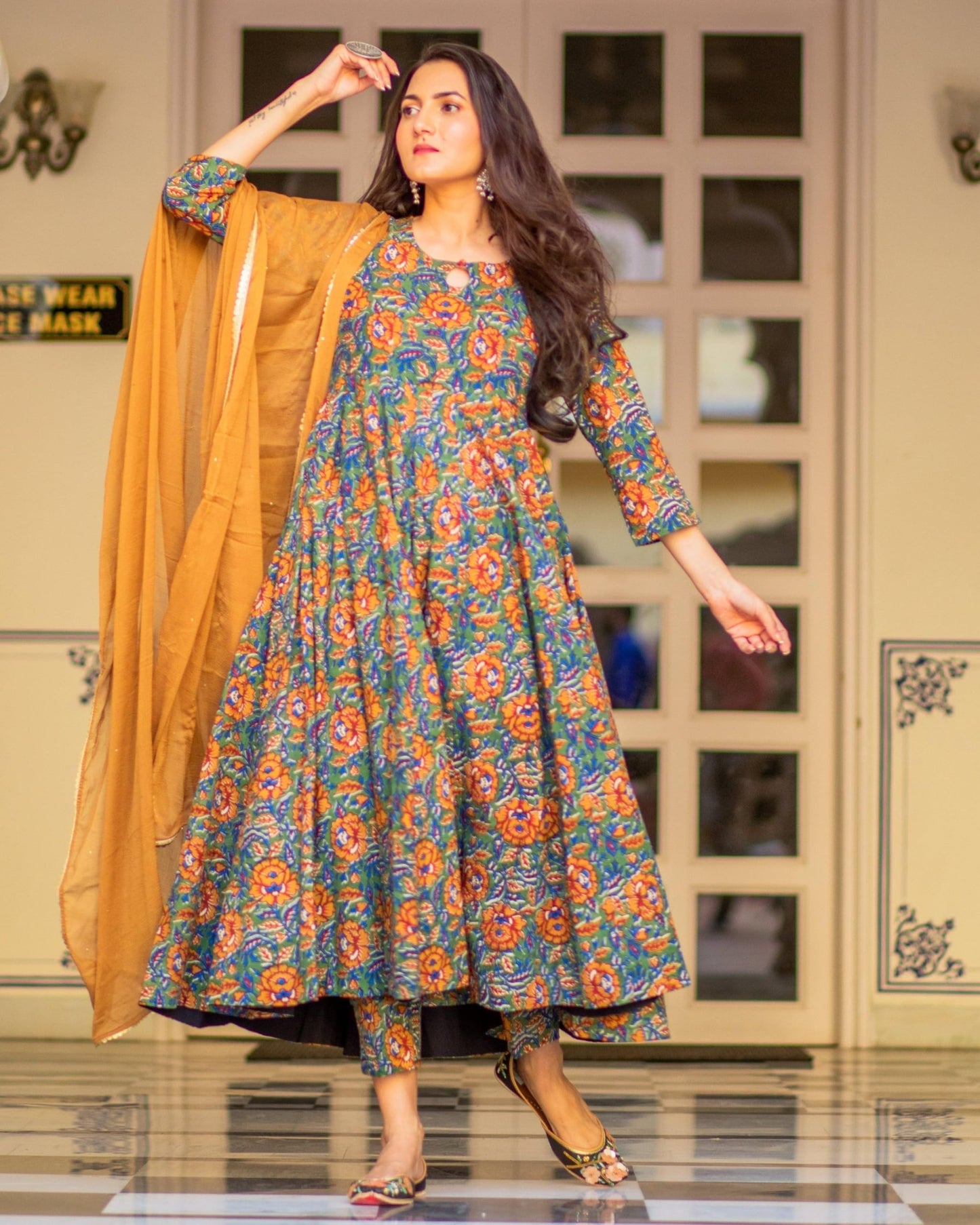 GoSriKi Women's Kurta Set with Trousers & Dupatta, Size 44, Mustard, Model LOCKET-MULTI-GS