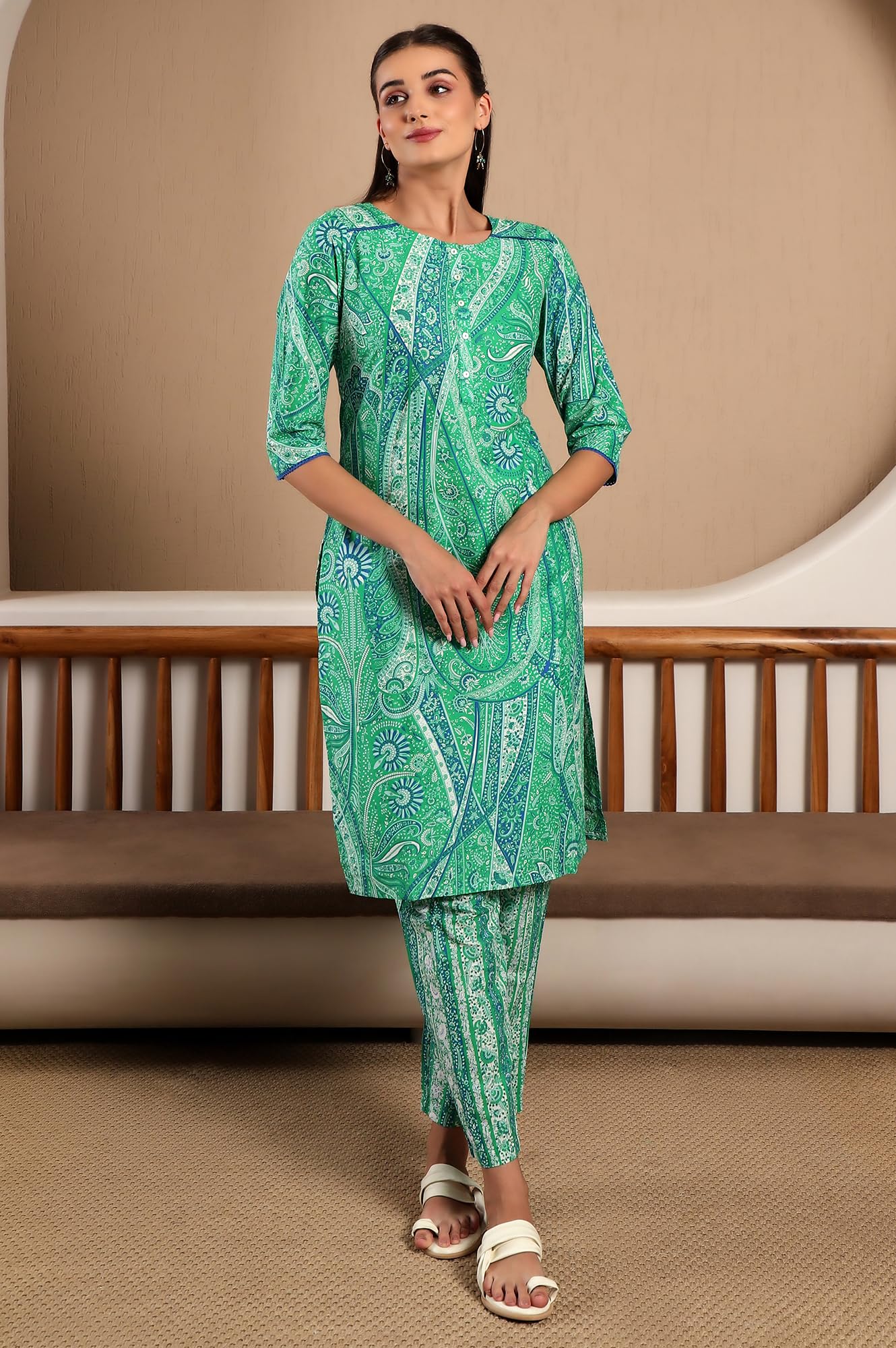 W for Woman Dark Green Paisley Printed Cotton Kurta and Pant Set