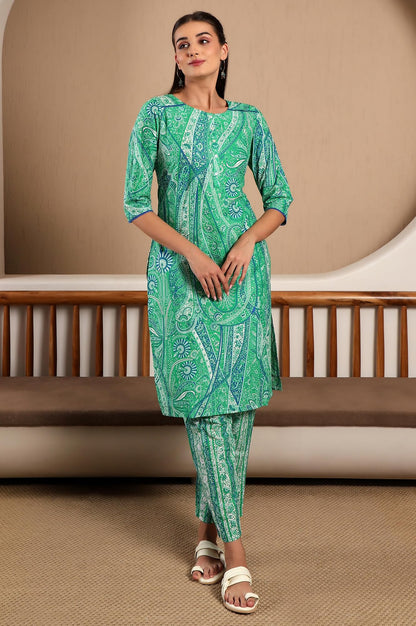W for Woman Dark Green Paisley Printed Cotton Kurta and Pant Set