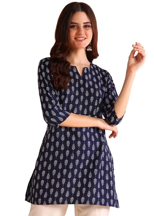 Aayla Floral Print Poly Rayon Short Kurti  A Touch Of Royalty In Everyday & Office Wear Blue
