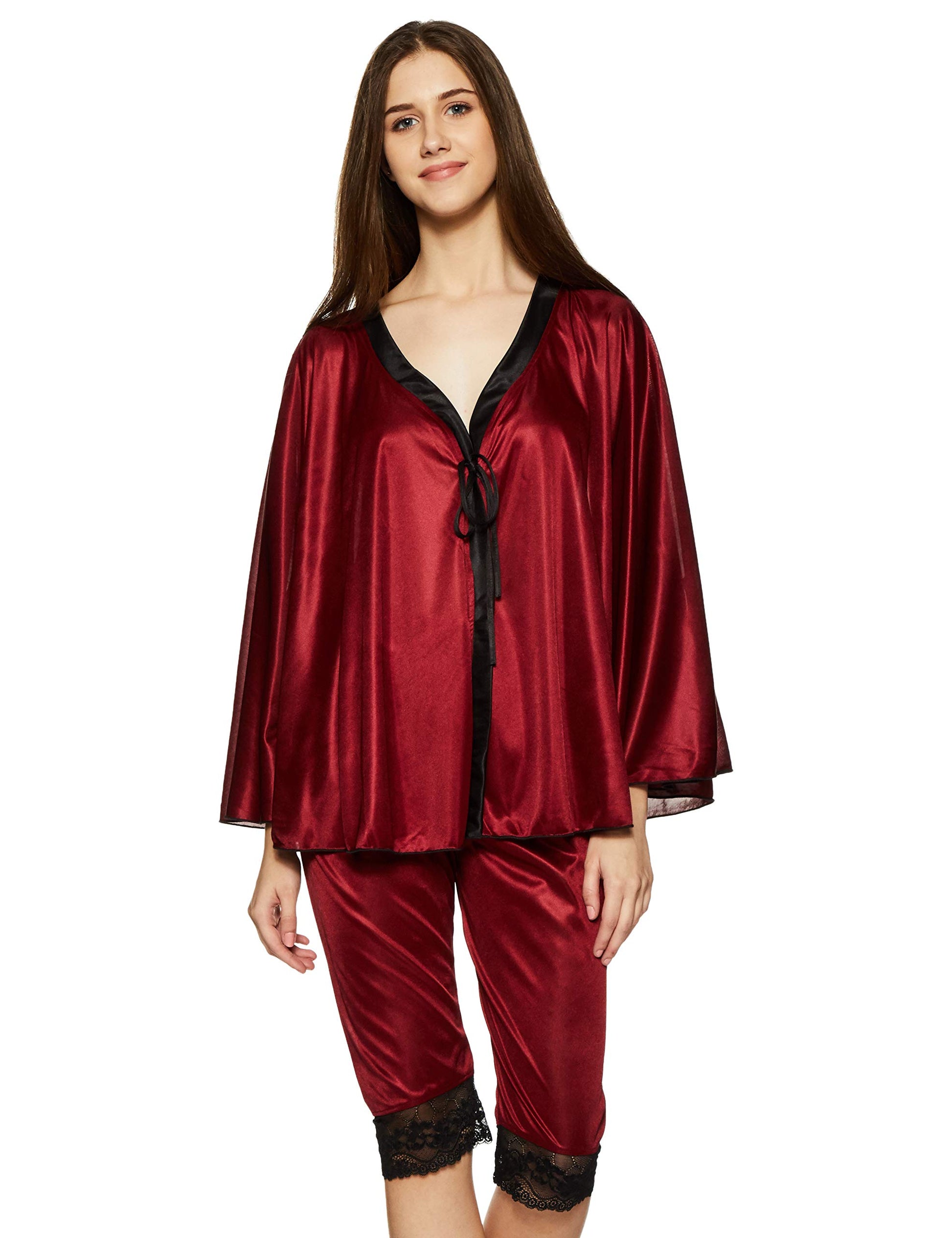 Clovia Womens Satin Solid Pyjama Pack of 2 (NSM296P09O_Maroon_Free Size_Red, Maroon_Free Size)