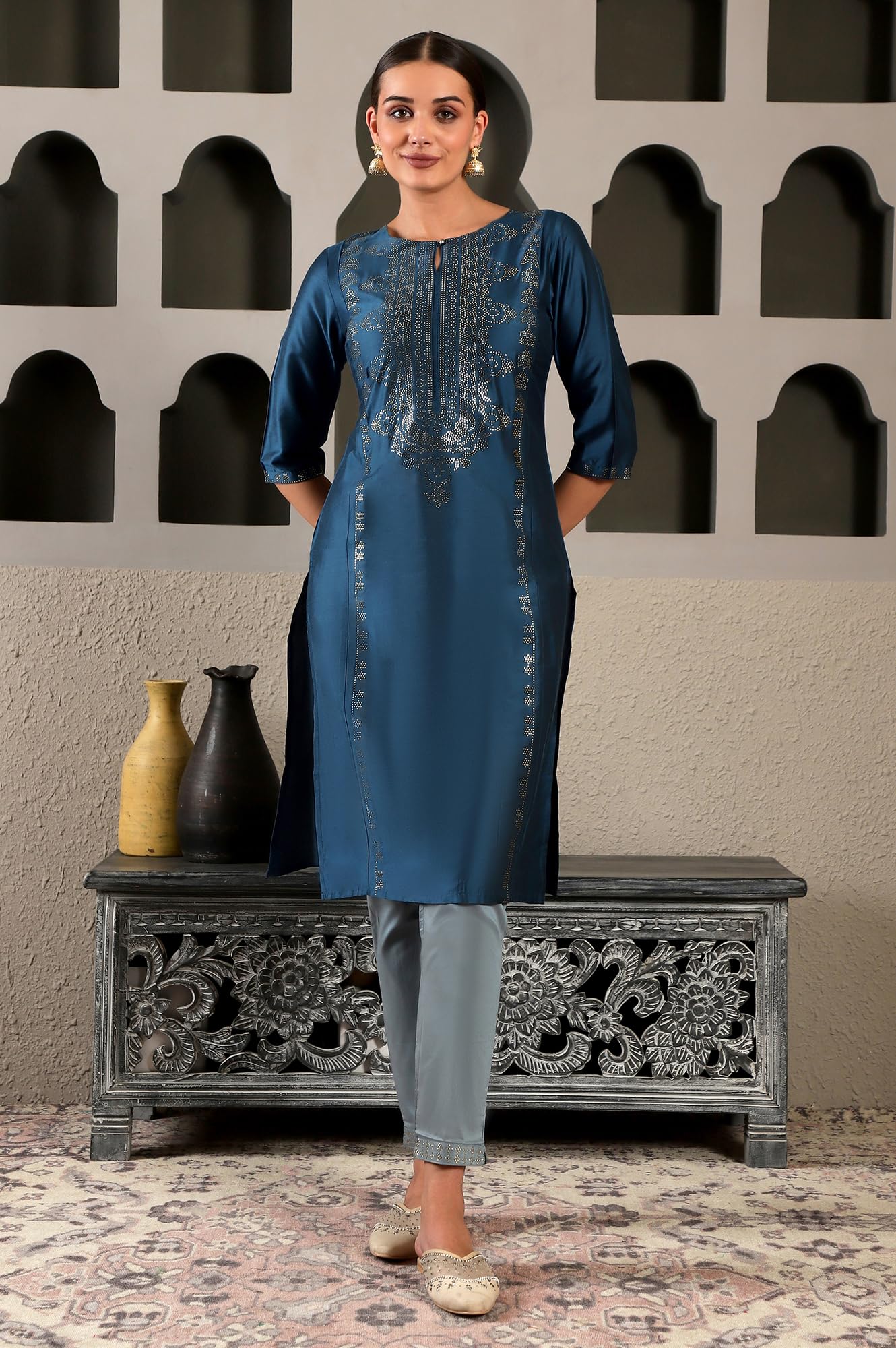 W Women Ps Mukaish Straight Kurta In Blue Colour | Women Mukaish Placement Print Blue Kurta | Blue Festive Straight Kurti For Wo