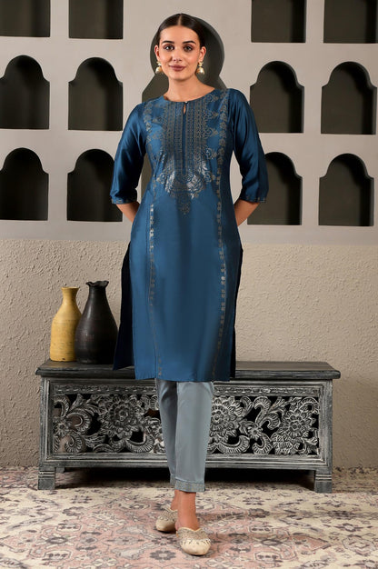 W Women Ps Mukaish Straight Kurta In Blue Colour | Women Mukaish Placement Print Blue Kurta | Blue Festive Straight Kurti For Wo