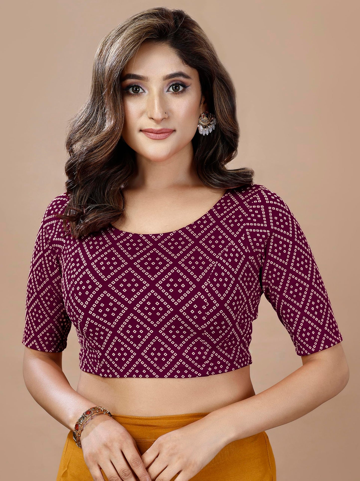 Oomph! WomenS Indian Ethnic Wear Designer Bandhani Pattern Zari Work Boat Neck Half Sleeve Aubergine Purple Color Lycra Readyma