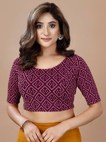 Oomph! WomenS Indian Ethnic Wear Designer Bandhani Pattern Zari Work Boat Neck Half Sleeve Aubergine Purple Color Lycra Readyma