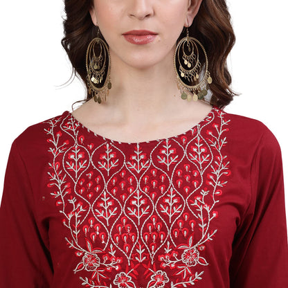 ishin Women's Pure Cotton Embroidered Gotta Patti Maroon Ethnic Motifs Print A-Line Kurta suit set With Dupatta & Sharara