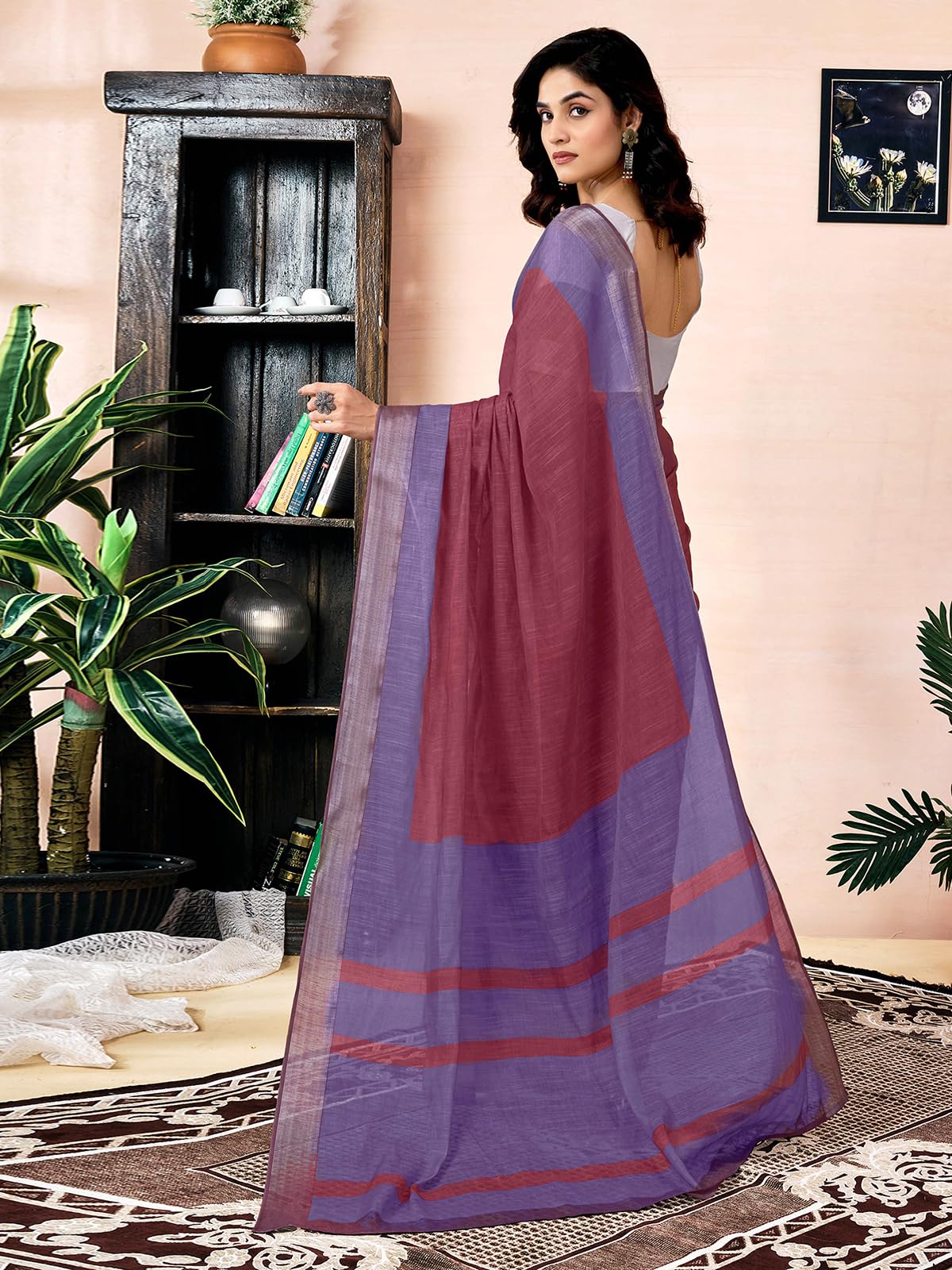 Satrani Womens Linen One Minute Pre Stitched Zari Stripe Border Printed Ready To Wear Saree With Attached pocket & Unstitched B