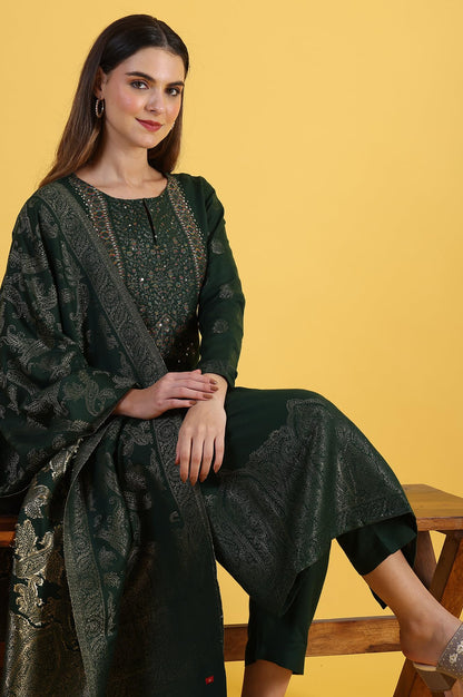 W for Woman Green Yarn Dyed Sequins A-Line Kurta & Straight pant with Dupatta Set