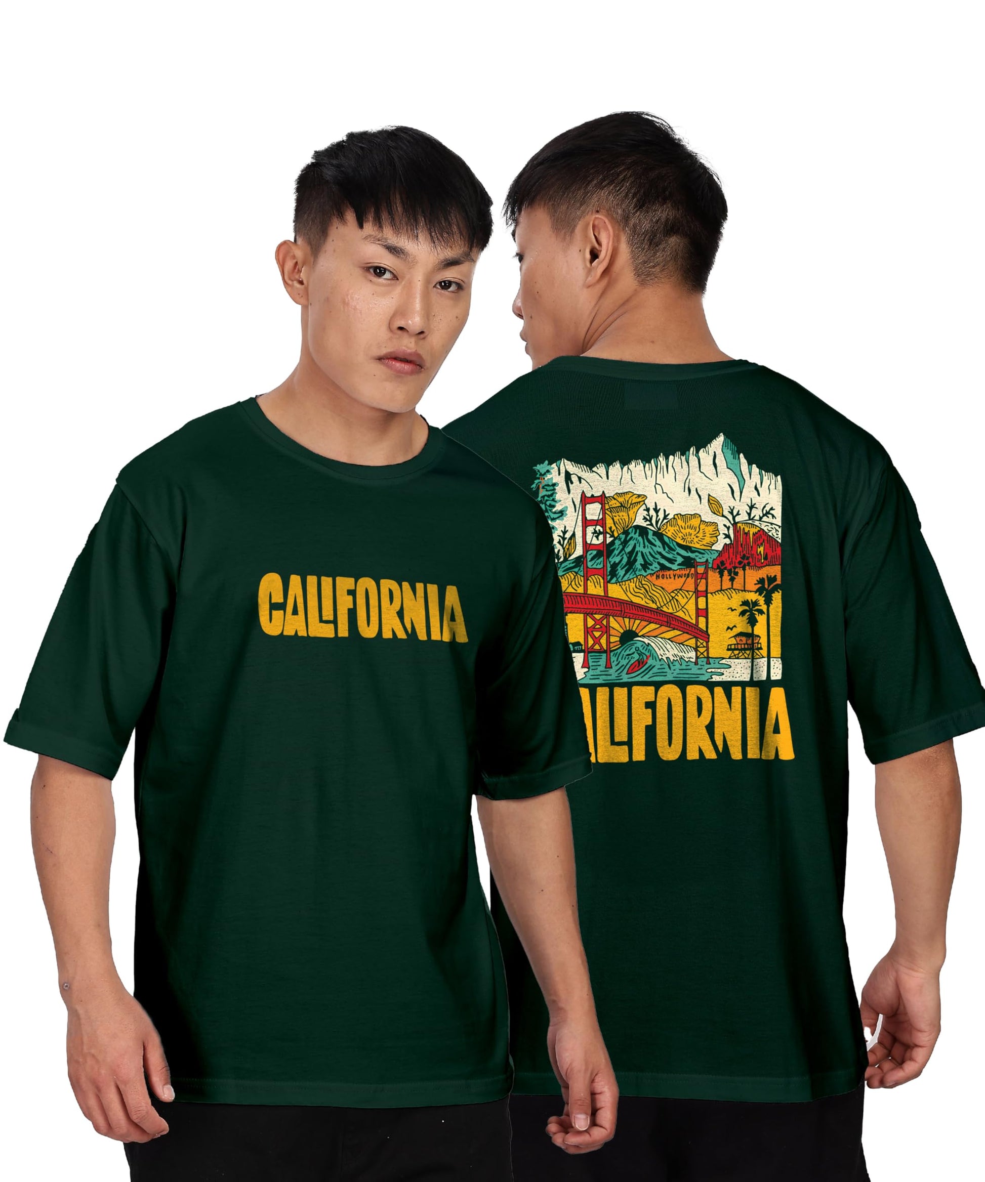 KydaMenS Oversized Cotton Round Neck Front And Back Printed Tshirt (Pack Of 1) Bottle Green