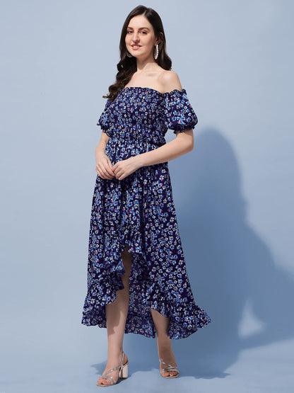 Oomph! Flared Dress For Women Stylish | Long One Piece For Women | Off Shoulder Puff Sleeve Long Dress | Floral Print Maxi One P