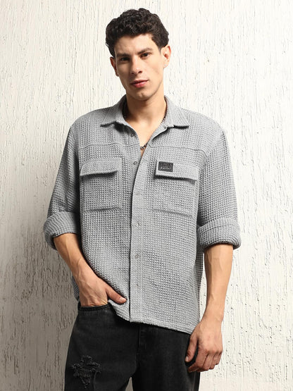 Hubberholme Men Summer Cotton Spread Collar Long Sleeves Oversized Casual Shirt 25 Grey