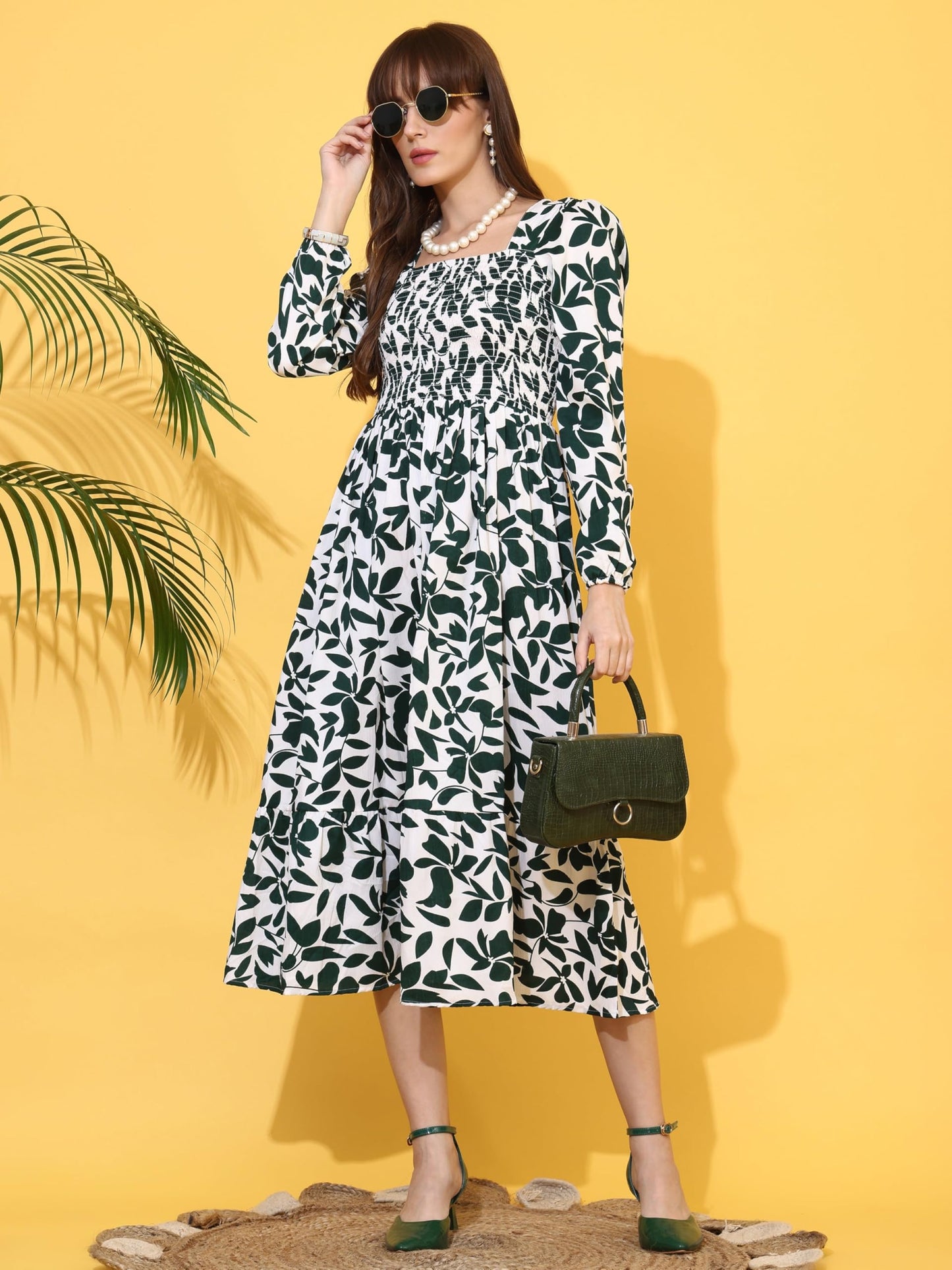 Sheetal Associates WomenS Crepe Fabric Frock Dress With Long Puff Sleeves Collared Neck Printed Pattern And Calf Length Pull On