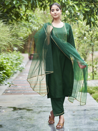 Sanisa Women's Chinnon Sequence Embroidery Straight Kurta with Pant and Dupatta Set