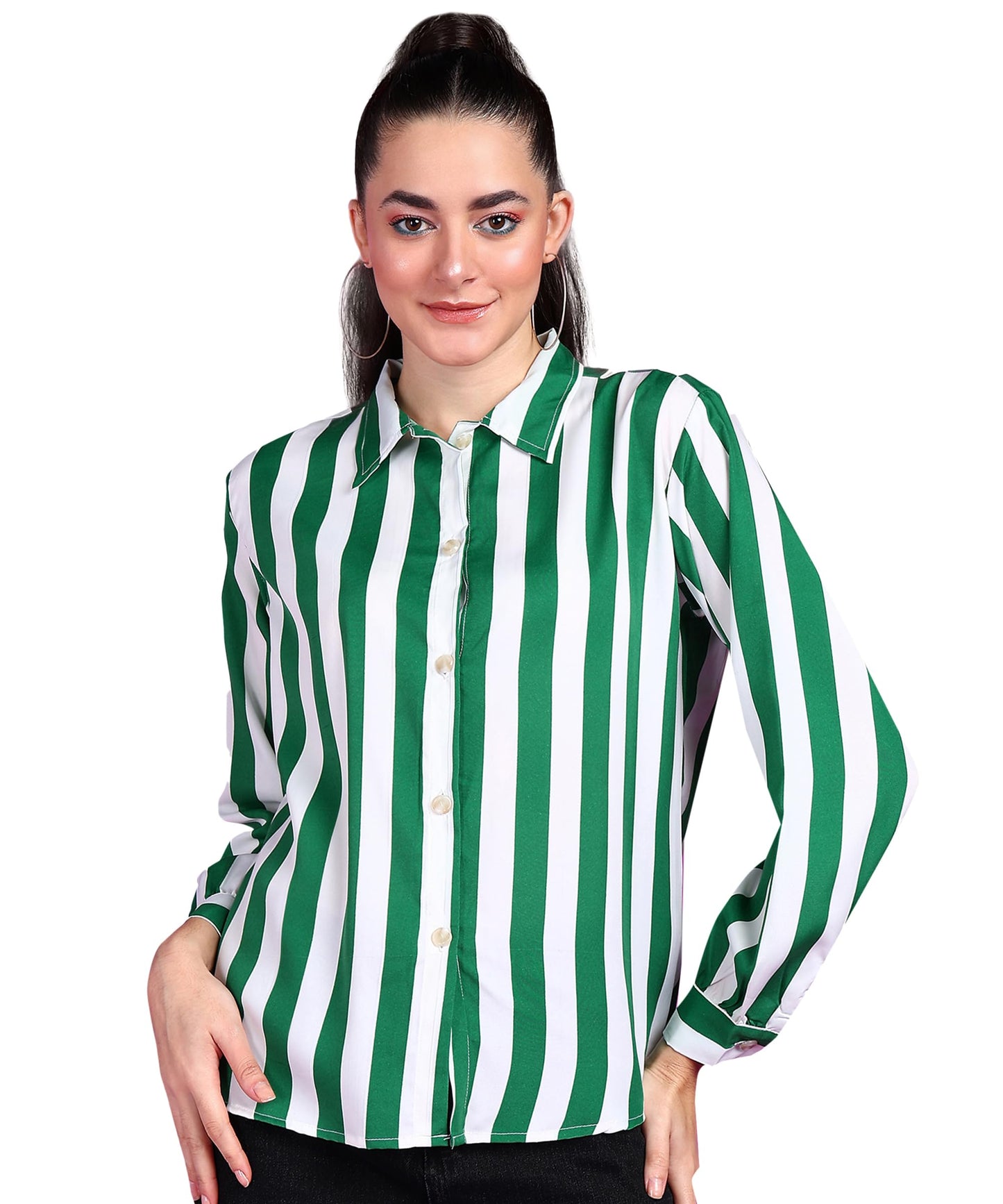 POPWINGS Stripe Printed Crepe Shirt for Women Stylish Western Casual Regular Fit Full Sleeves Shirts for Women Shirt