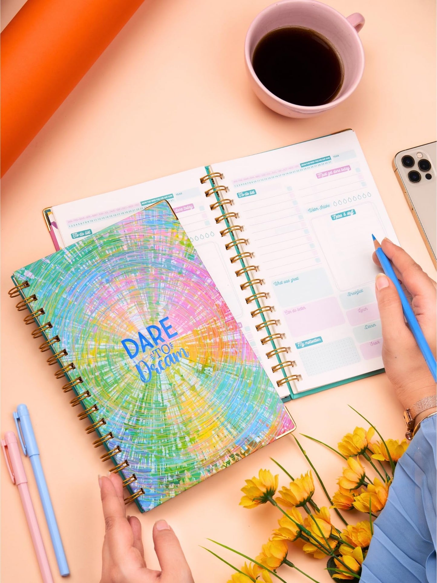 Doodle Undated Daily Planner | A5 Hard Cover | Wiro Bound | 192 Ruled Pages | 80 GSM | Lay Flat Design | Metal Corners | Plan yo
