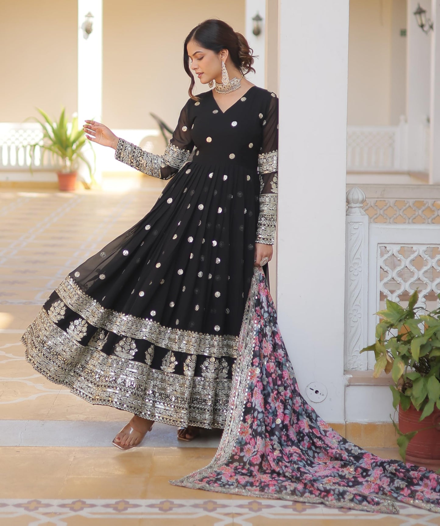 Fashion Basket Georgette Embroidered Dress For Women Black