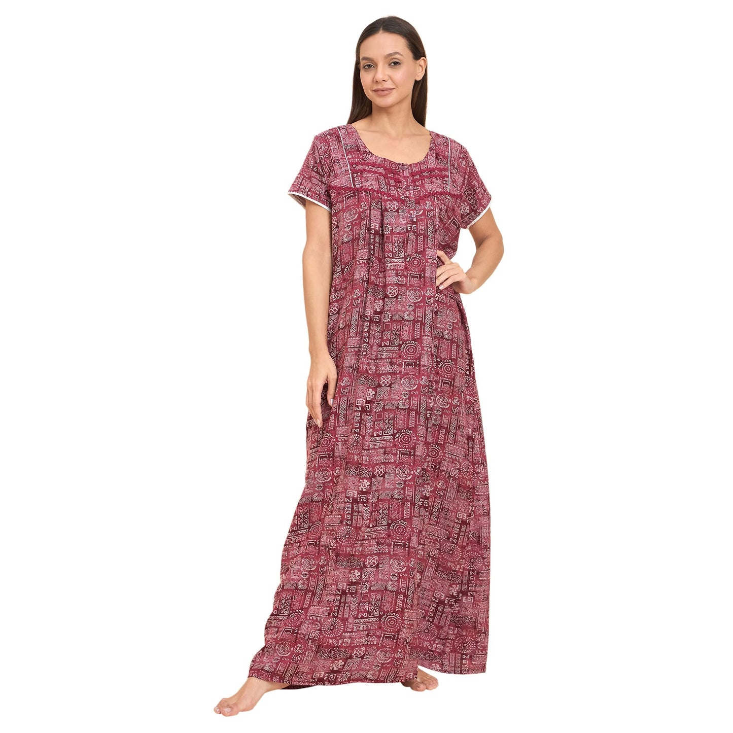 Sweet Dreams Women Printed Full Length Night Dress Maroon