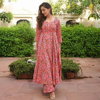 GoSriKi Women's Cotton Blend Printed Anarkali Kurta with Palazzo (Sunday-GO)