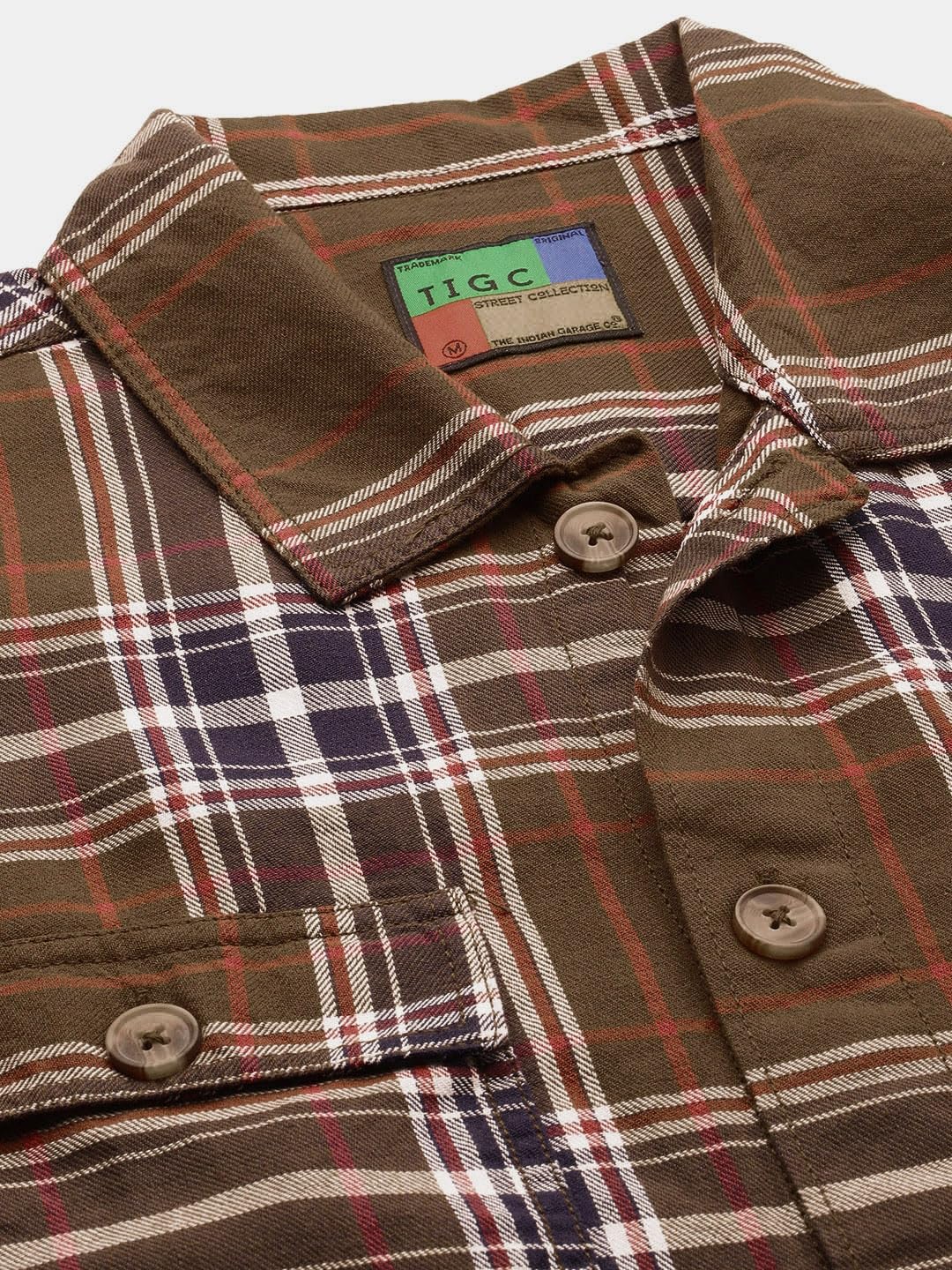 The Indian Garage Co Men Olive Checkered Regular Fit Cotton Casual Over Shirt