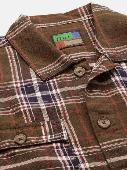 The Indian Garage Co Men Olive Checkered Regular Fit Cotton Casual Over Shirt