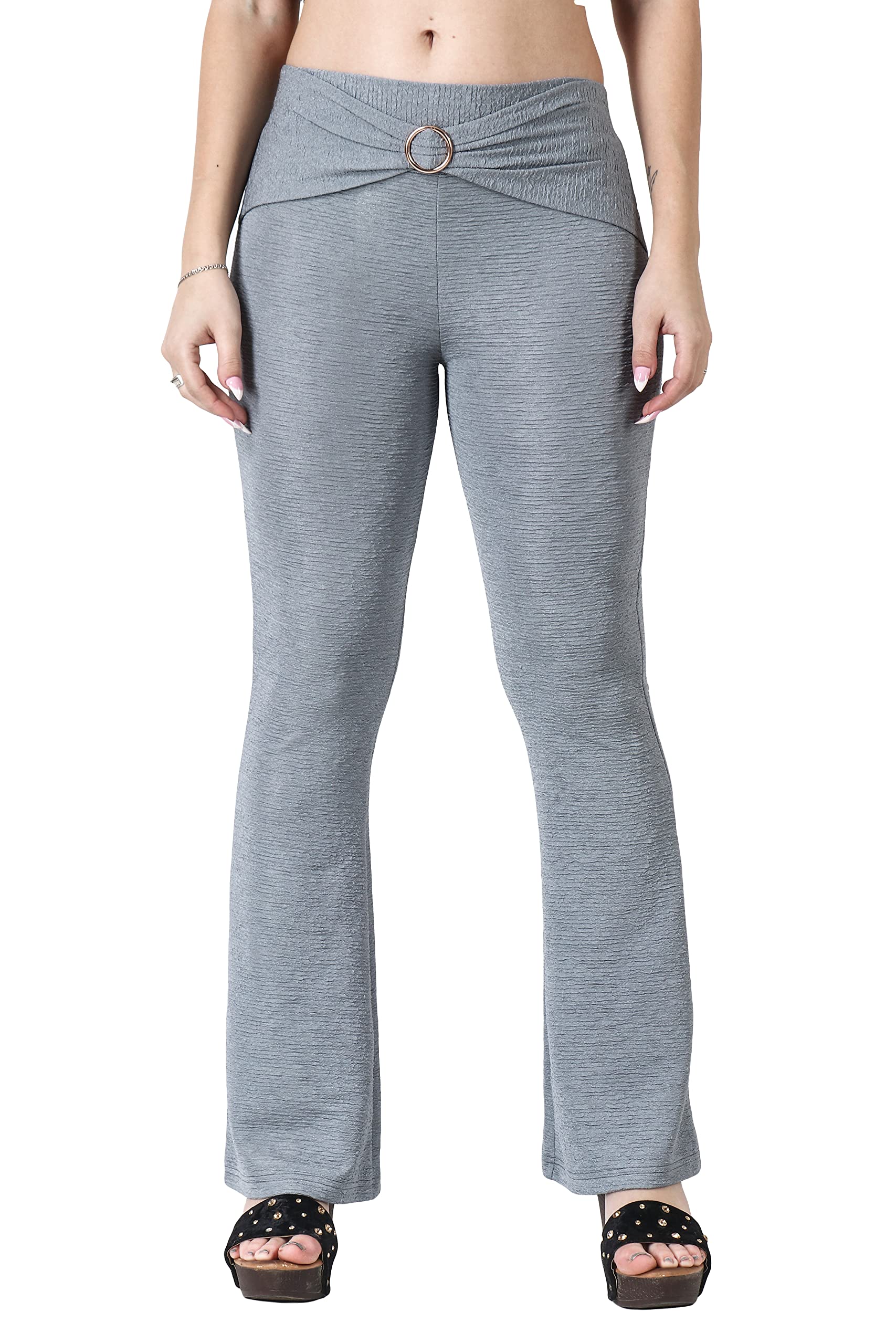 POPWINGS Solid Full-Length Polyester Regular-Fit Casual Bootcut Trouser Pants for Women for Casual Wear Grey