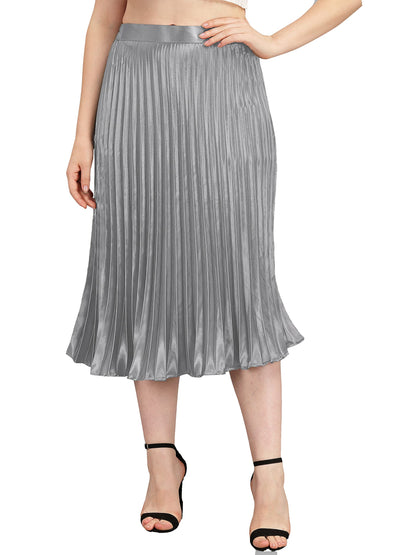 Kzully | Elegant Ensemble Satin Midi Skirts For Women & Girls Silver