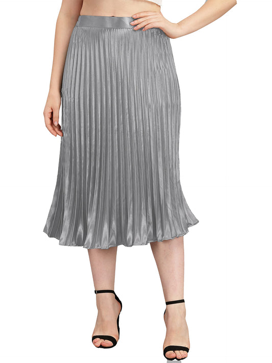 Kzully | Elegant Ensemble Satin Midi Skirts For Women & Girls Silver
