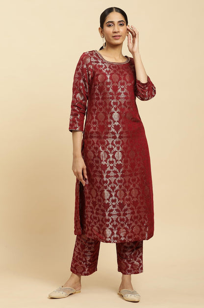 W WomenS Red Floral Printed Jacquard Kurta And Pant Set With Metallic Embroidery
