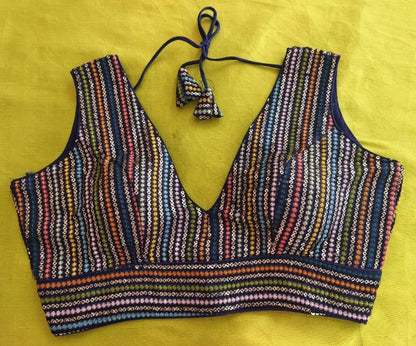 Vihu Fashion Womens Sleeveless Readymade sabyasachi Pattern V Neck Blouse Embroidery Work with Sequence Blouse Indian Ethnic we