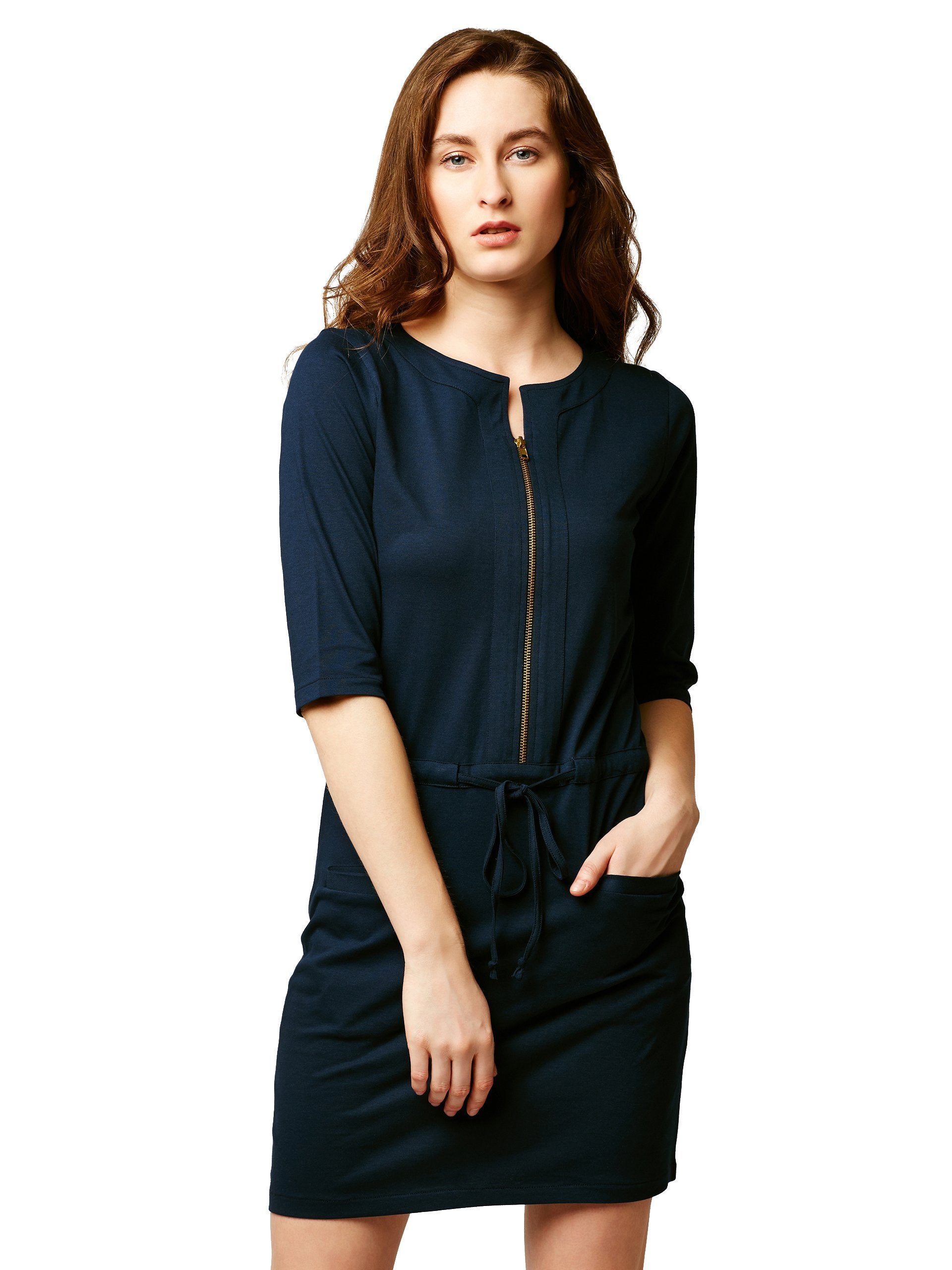 Miss Chase WomenS Round Neck 3/4 Sleeves Solid Mini Shift Dress With Zip Closure | 2 Colors(Mcss18D11-25-71-06, Navy Blue, X-La