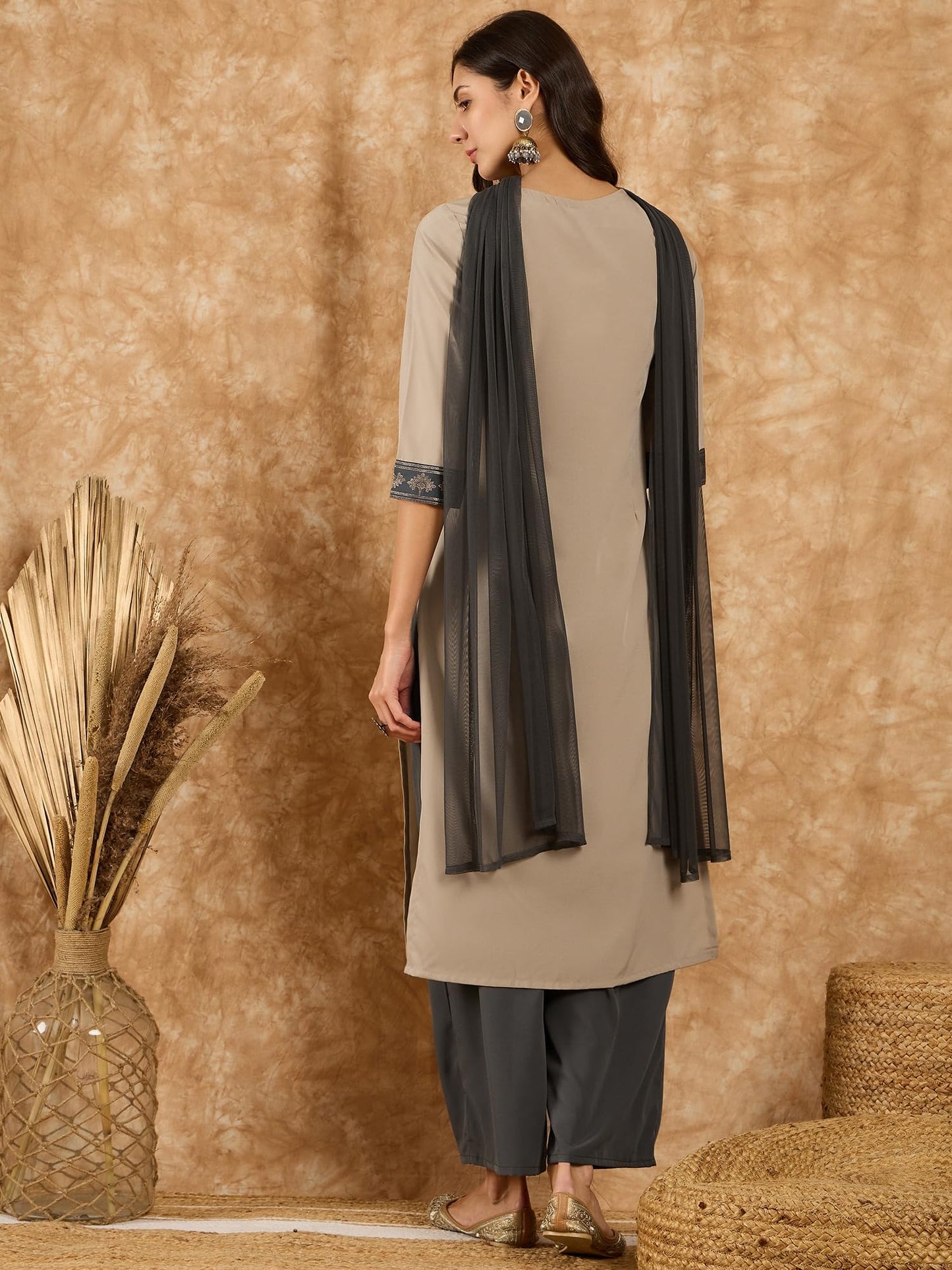 ZIYAA Women's Beige Crepe Kurta,Palazzo Set with Dupatta
