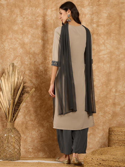 ZIYAA Women's Beige Crepe Kurta,Palazzo Set with Dupatta