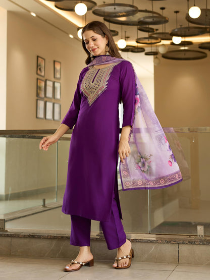 Naixa WomenS Rayon Embroidered Straight Kurta Pant Dupatta Set  Ethnic Wear, 3-Piece Set For Wedding And Festival (Nx2-706-Purp
