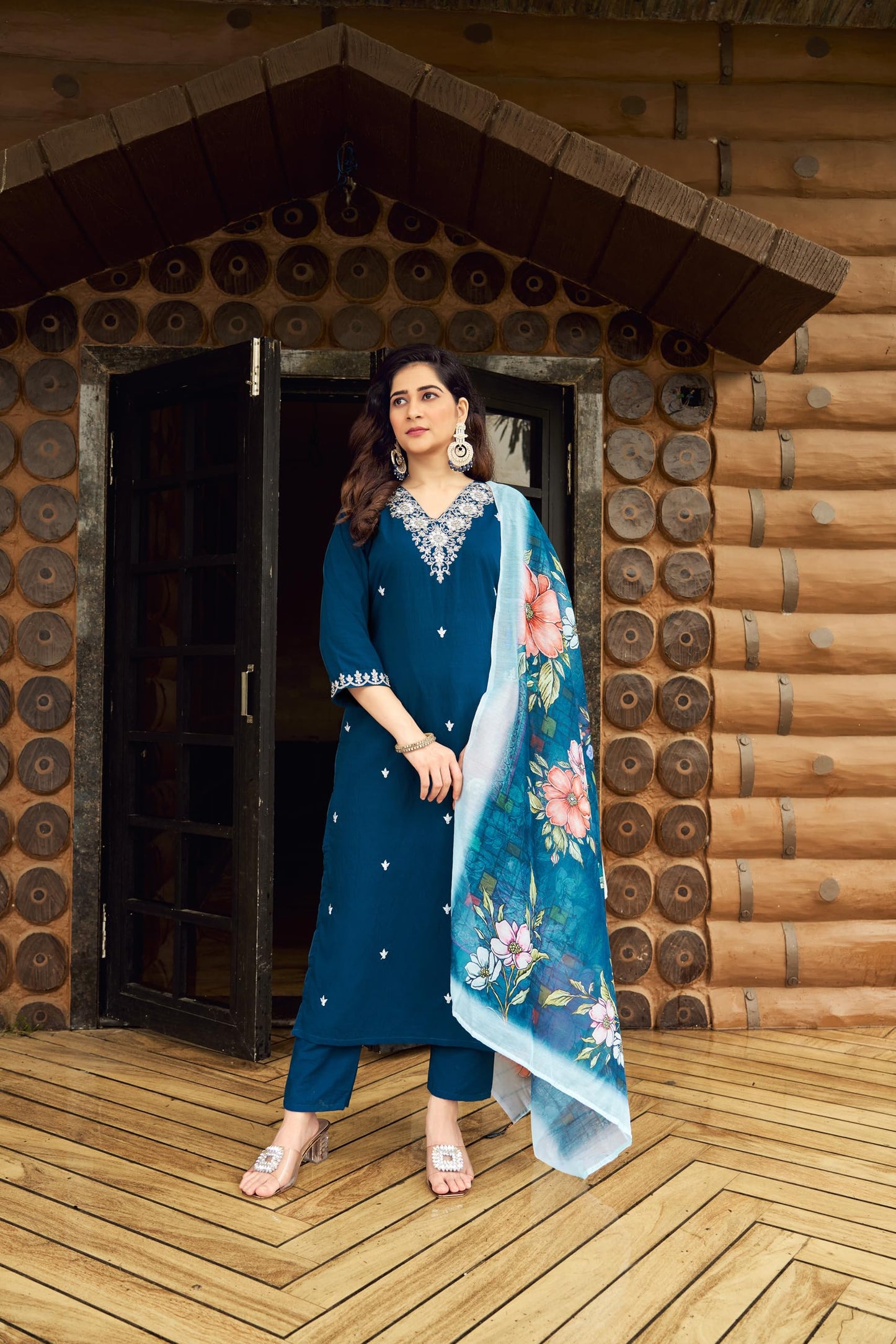 Rieka Women Embroidered Kurta Set With Floral Printed Dupatta & Straight Pant | Ethnic Wear Set For Women | Silk Blend Kurta Set