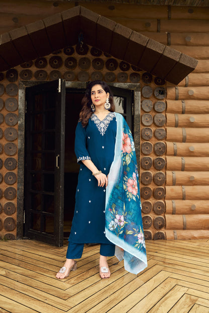 Rieka Women Embroidered Kurta Set With Floral Printed Dupatta & Straight Pant | Ethnic Wear Set For Women | Silk Blend Kurta Set