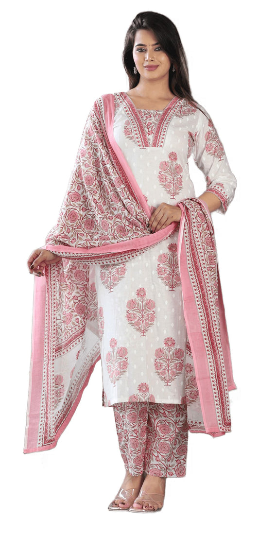 G4Girl Jaipuri Pure Cotton Kurti Pant With Dupatta For WomenS (White-Peach)